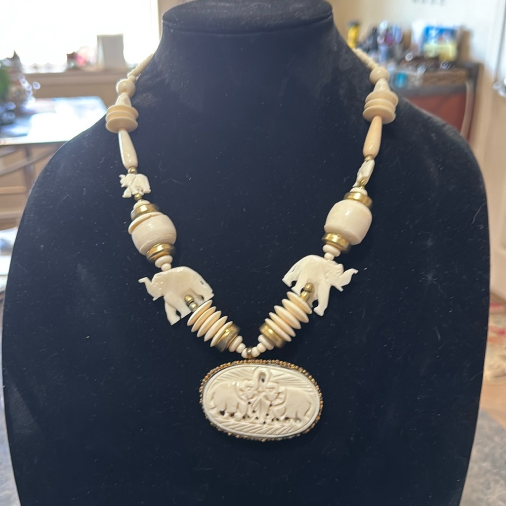 Vintage carved natural ivory bone elephant necklace pendant bezel set sterling.